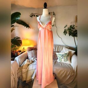 Vintage Pink Satin Skirt Lace Slip 70s Nighty  Dress Sexy Cottagecore Maxi